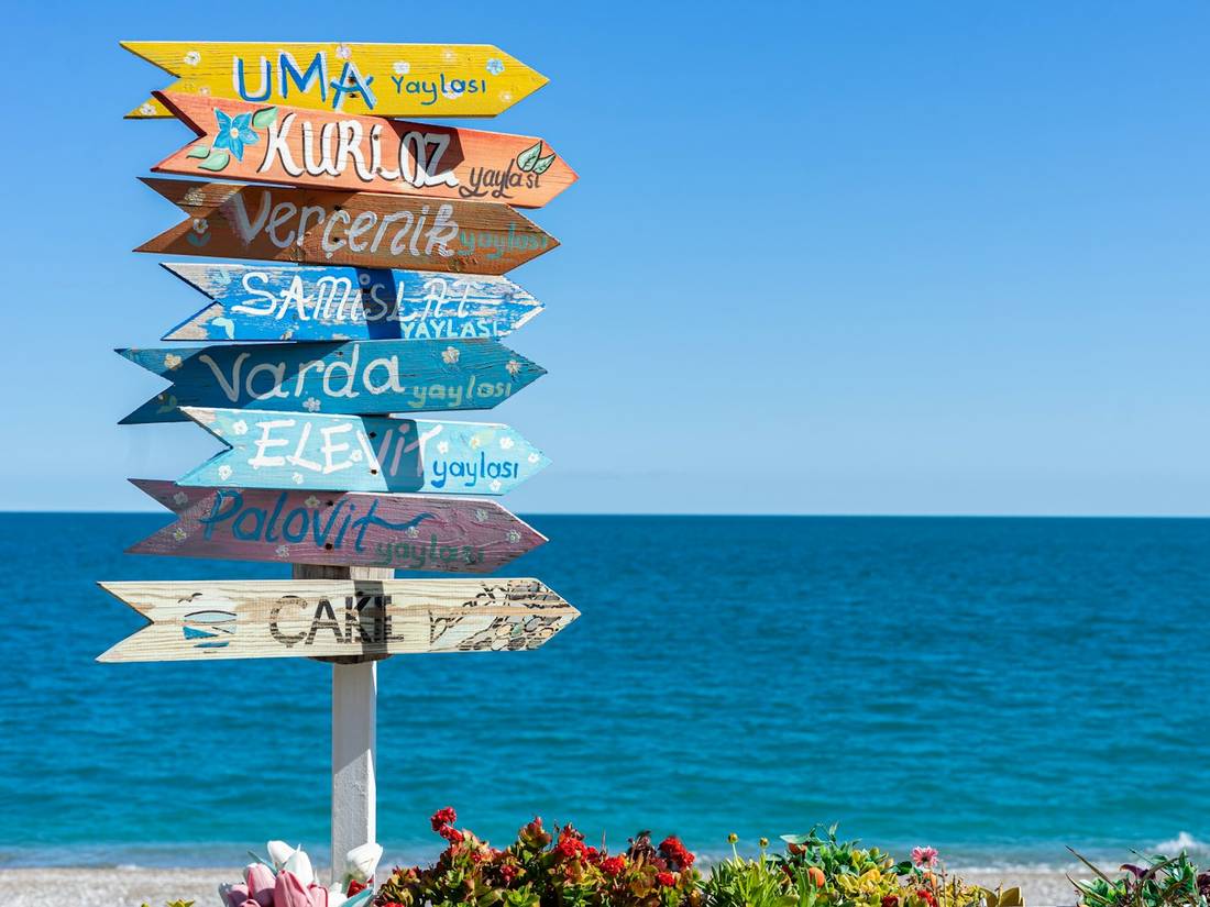 A wooden sign on a beach
