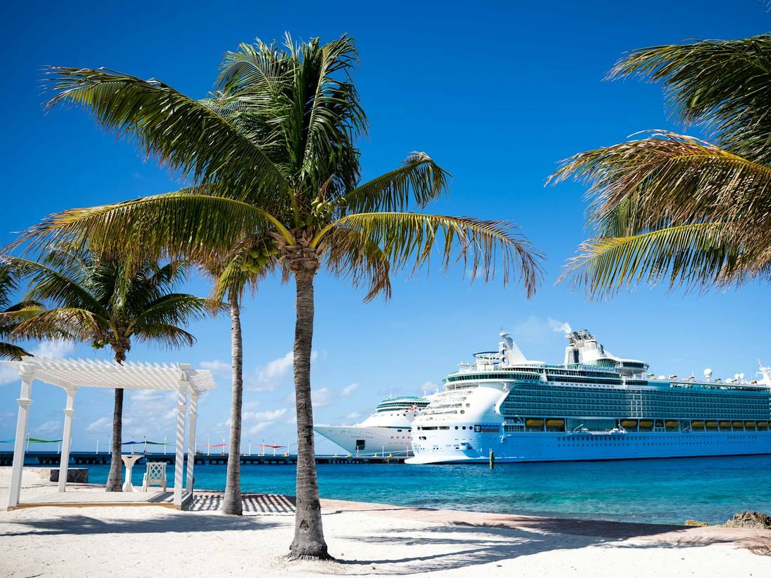 Cruise ship docked at a tropical beach