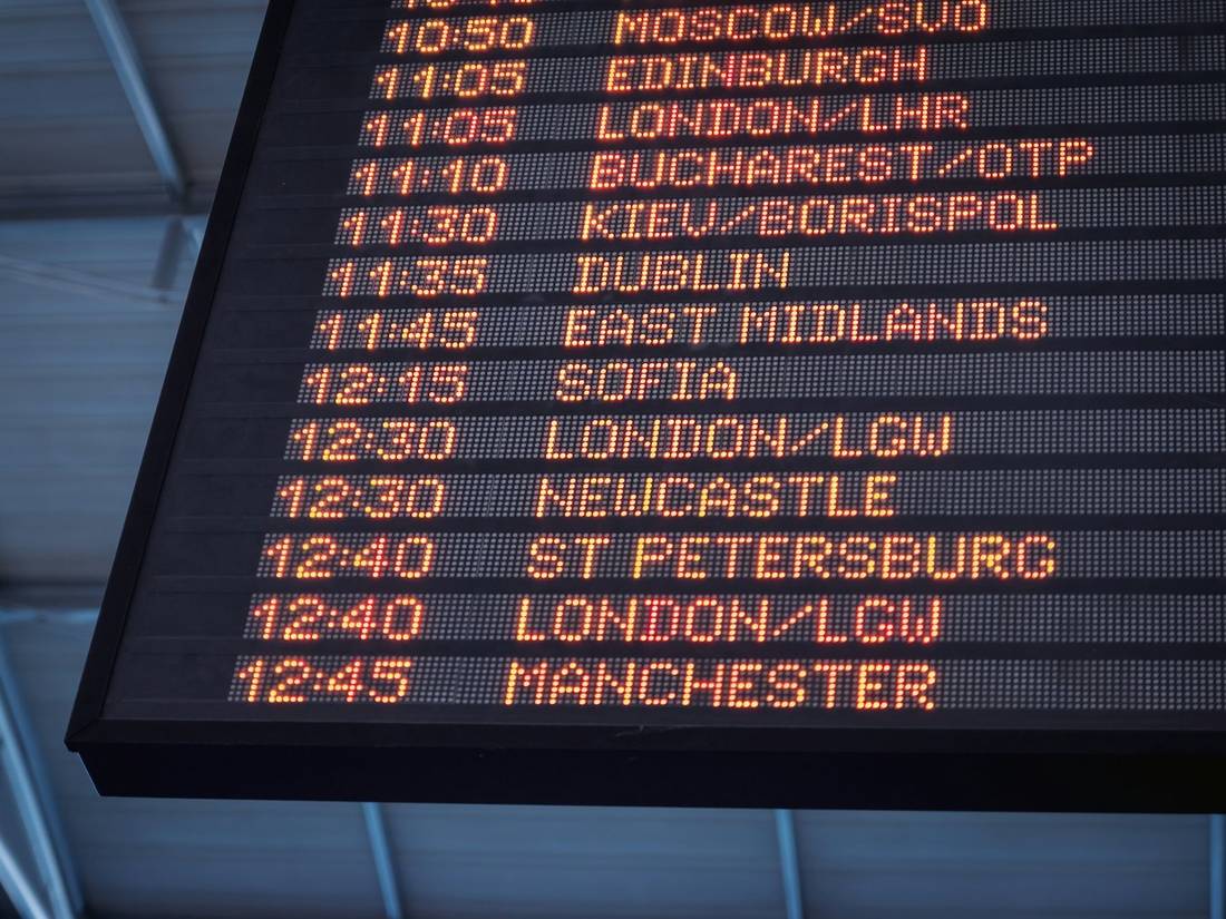 An airport departure board
