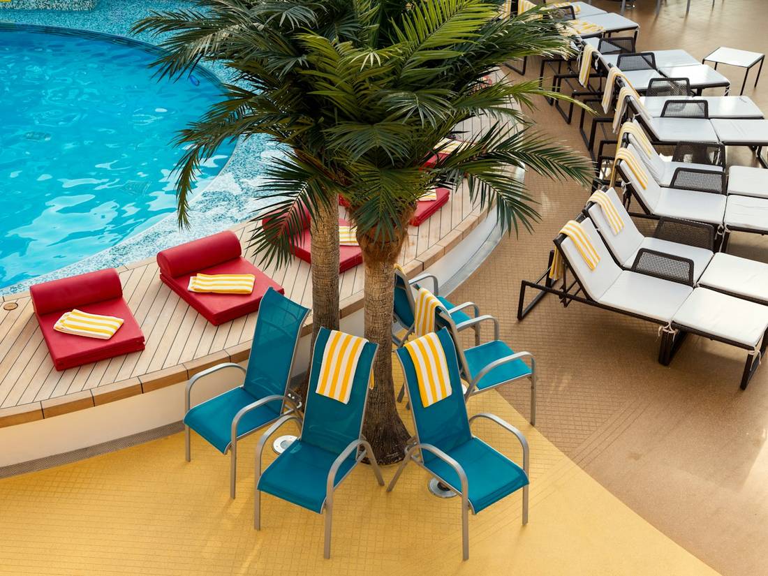 Lounge chairs on a cruise ship pool deck
