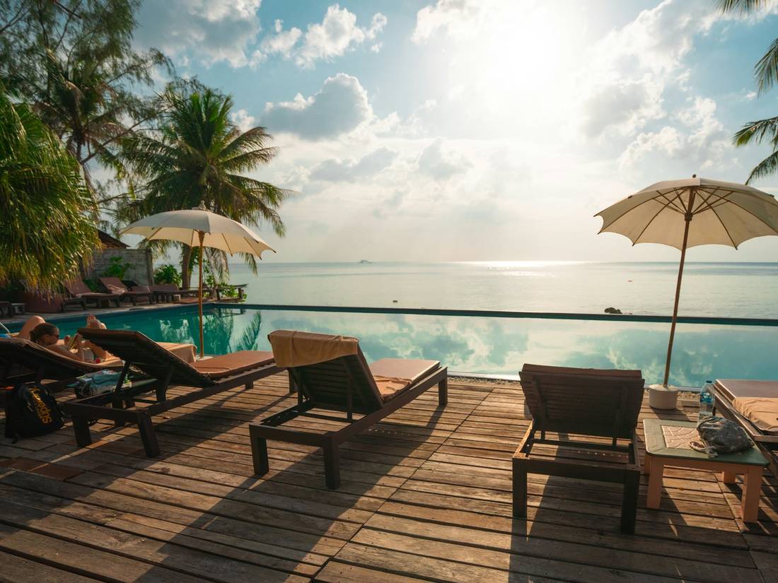 Lounge chairs on a wooden dock